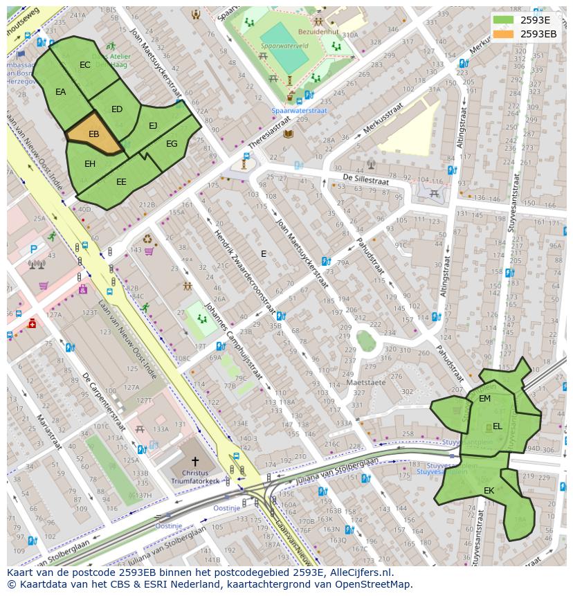 Afbeelding van het postcodegebied 2593 EB op de kaart.