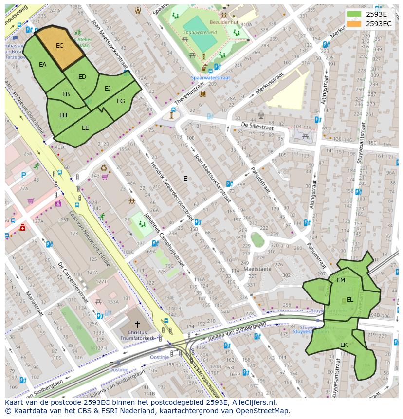 Afbeelding van het postcodegebied 2593 EC op de kaart.