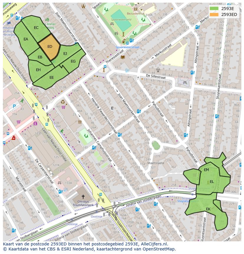 Afbeelding van het postcodegebied 2593 ED op de kaart.