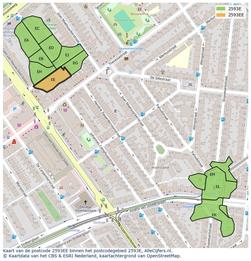 Afbeelding van het postcodegebied 2593 EE op de kaart.