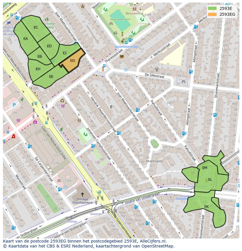 Afbeelding van het postcodegebied 2593 EG op de kaart.