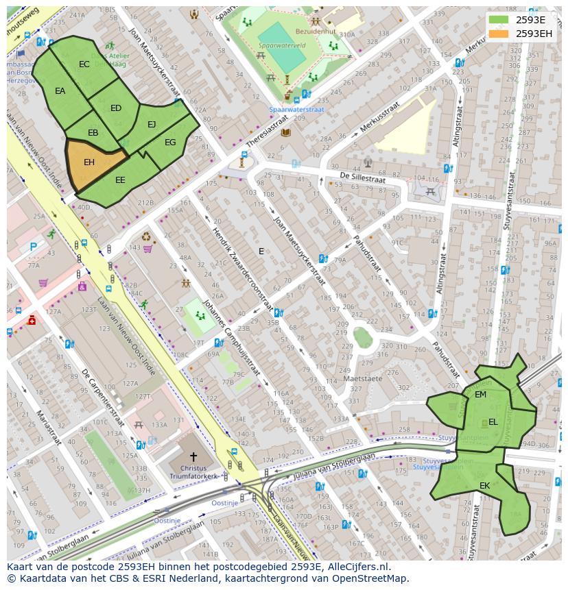 Afbeelding van het postcodegebied 2593 EH op de kaart.