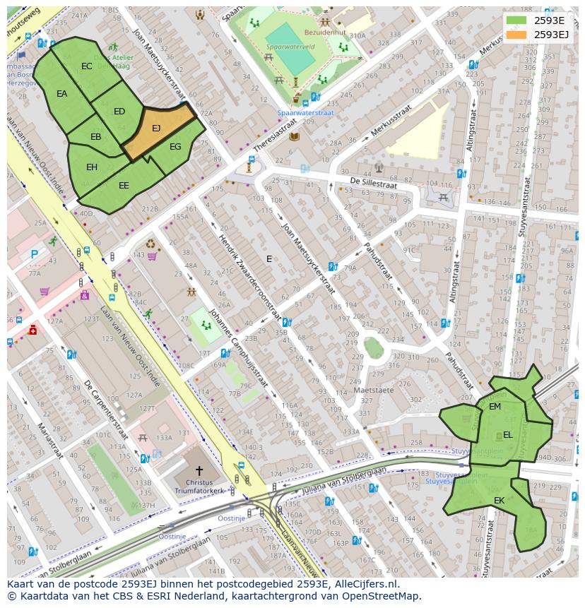 Afbeelding van het postcodegebied 2593 EJ op de kaart.