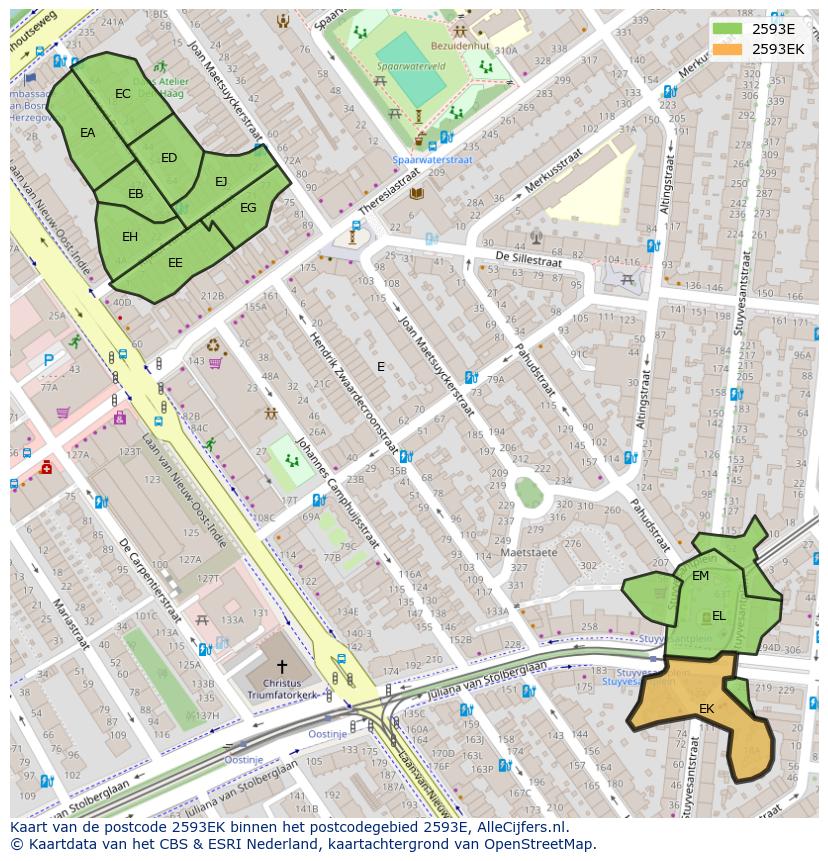 Afbeelding van het postcodegebied 2593 EK op de kaart.