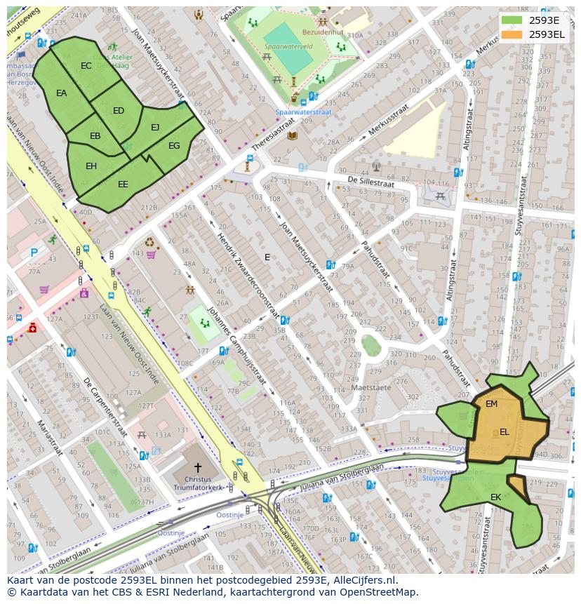 Afbeelding van het postcodegebied 2593 EL op de kaart.