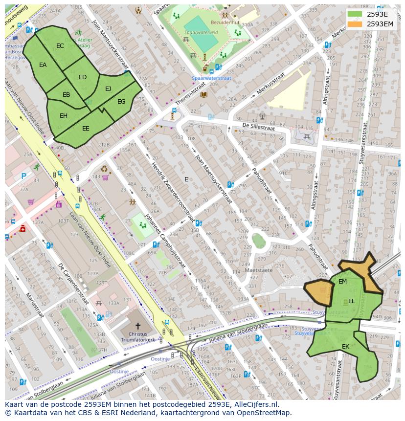 Afbeelding van het postcodegebied 2593 EM op de kaart.