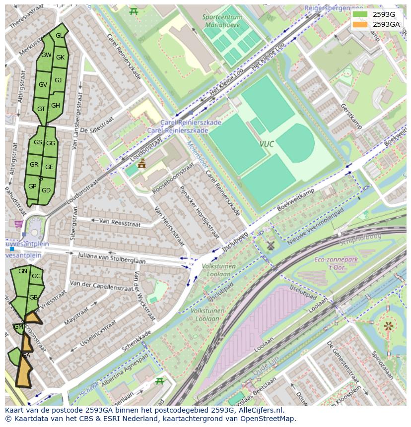 Afbeelding van het postcodegebied 2593 GA op de kaart.