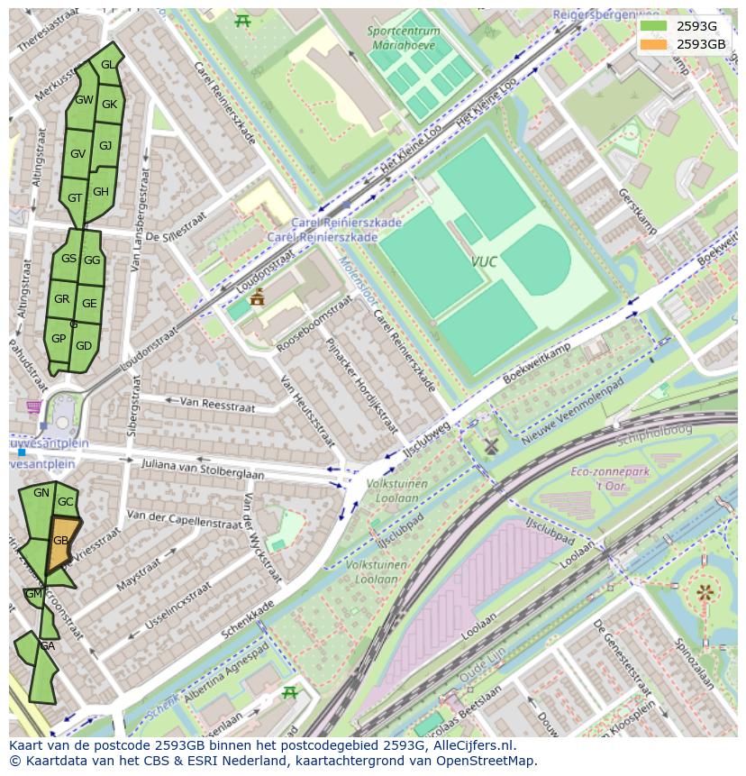 Afbeelding van het postcodegebied 2593 GB op de kaart.
