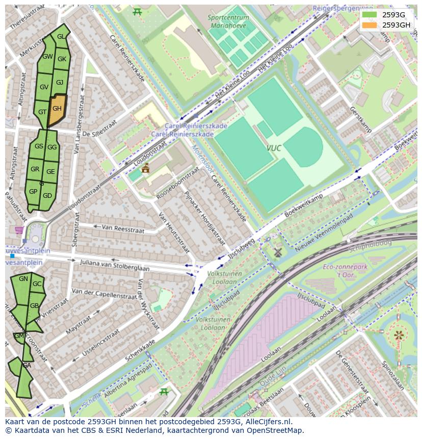 Afbeelding van het postcodegebied 2593 GH op de kaart.