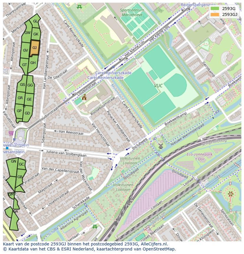 Afbeelding van het postcodegebied 2593 GJ op de kaart.
