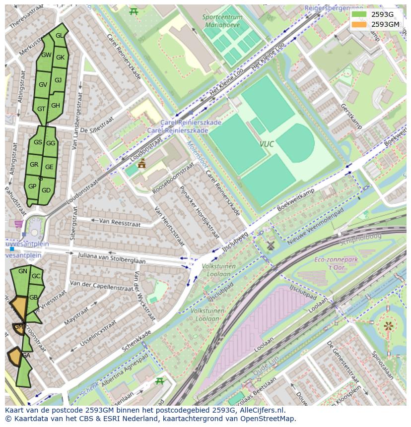 Afbeelding van het postcodegebied 2593 GM op de kaart.