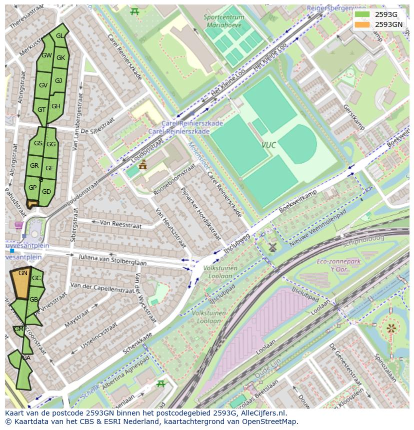 Afbeelding van het postcodegebied 2593 GN op de kaart.