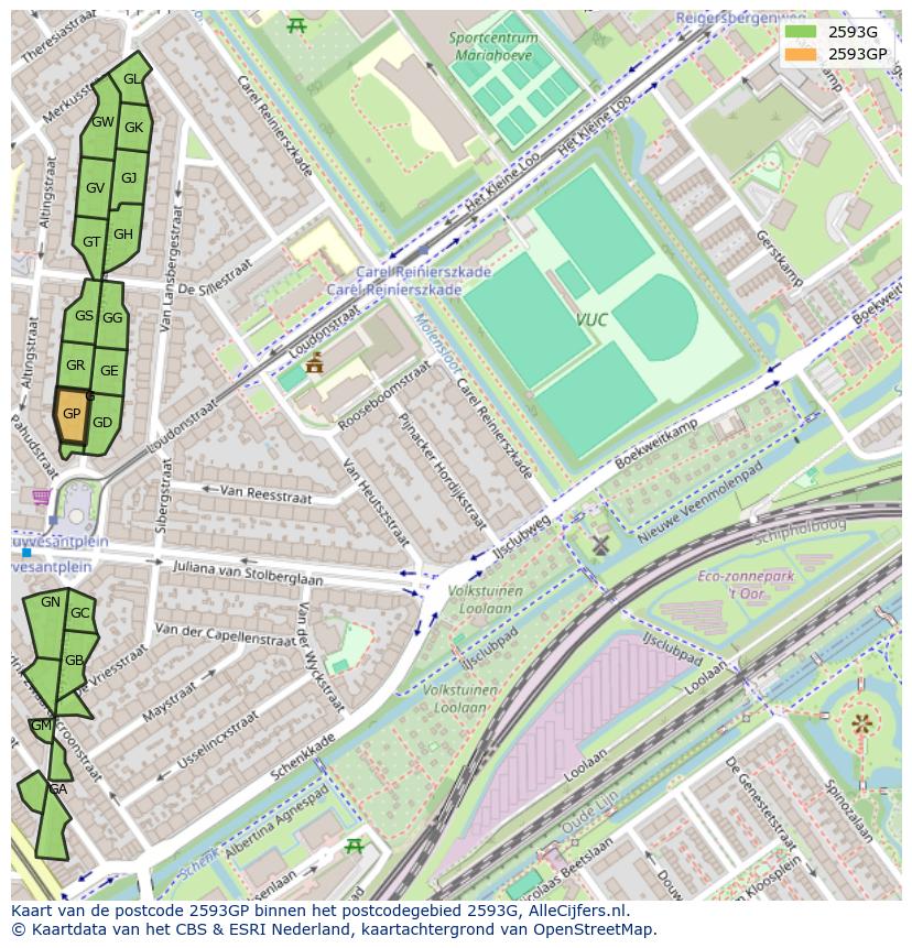 Afbeelding van het postcodegebied 2593 GP op de kaart.
