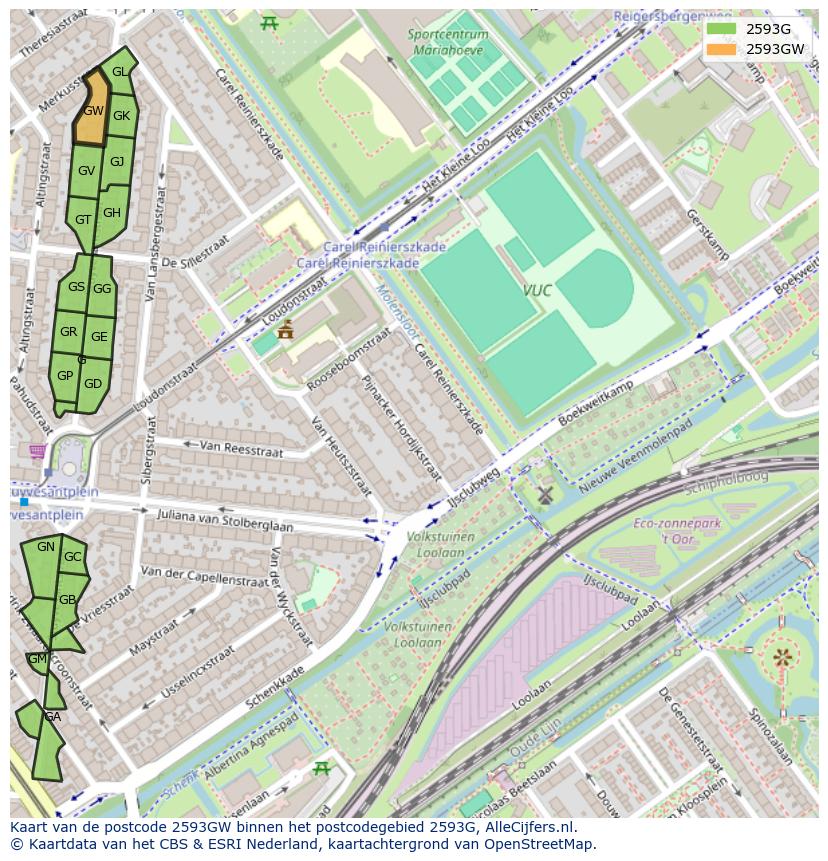 Afbeelding van het postcodegebied 2593 GW op de kaart.