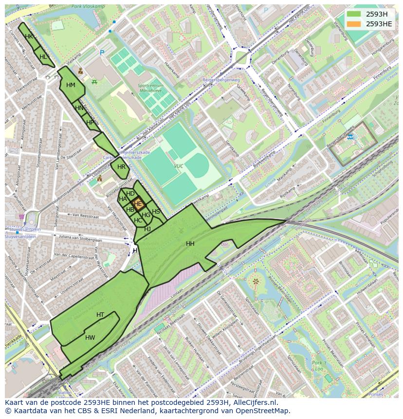 Afbeelding van het postcodegebied 2593 HE op de kaart.