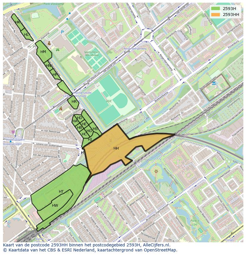 Afbeelding van het postcodegebied 2593 HH op de kaart.