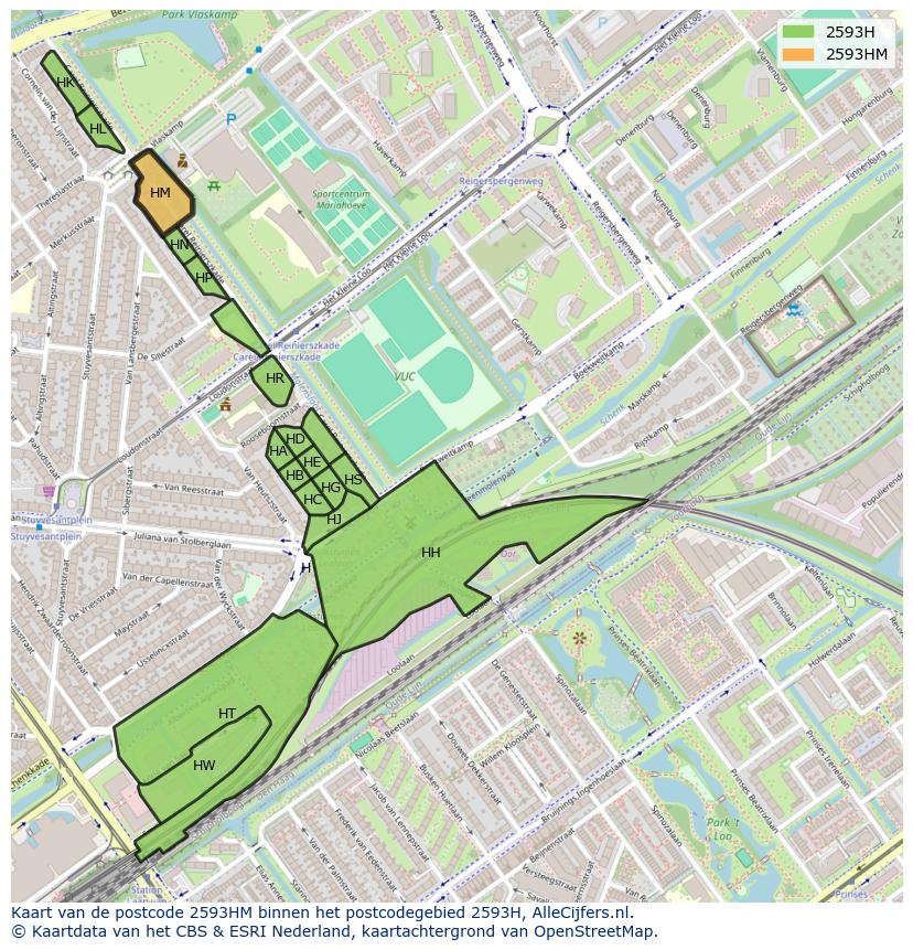 Afbeelding van het postcodegebied 2593 HM op de kaart.