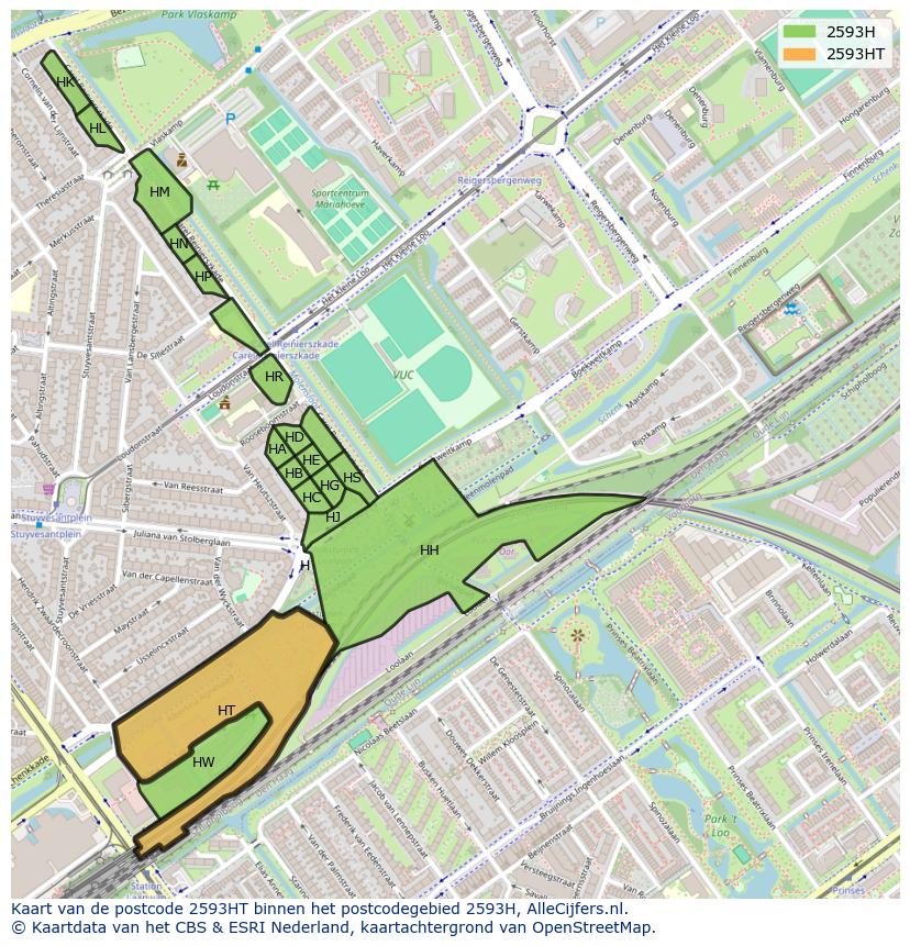 Afbeelding van het postcodegebied 2593 HT op de kaart.