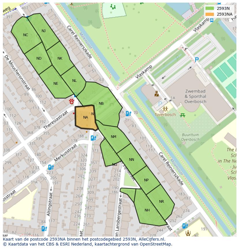 Afbeelding van het postcodegebied 2593 NA op de kaart.