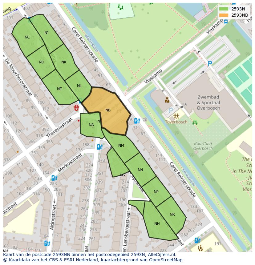 Afbeelding van het postcodegebied 2593 NB op de kaart.