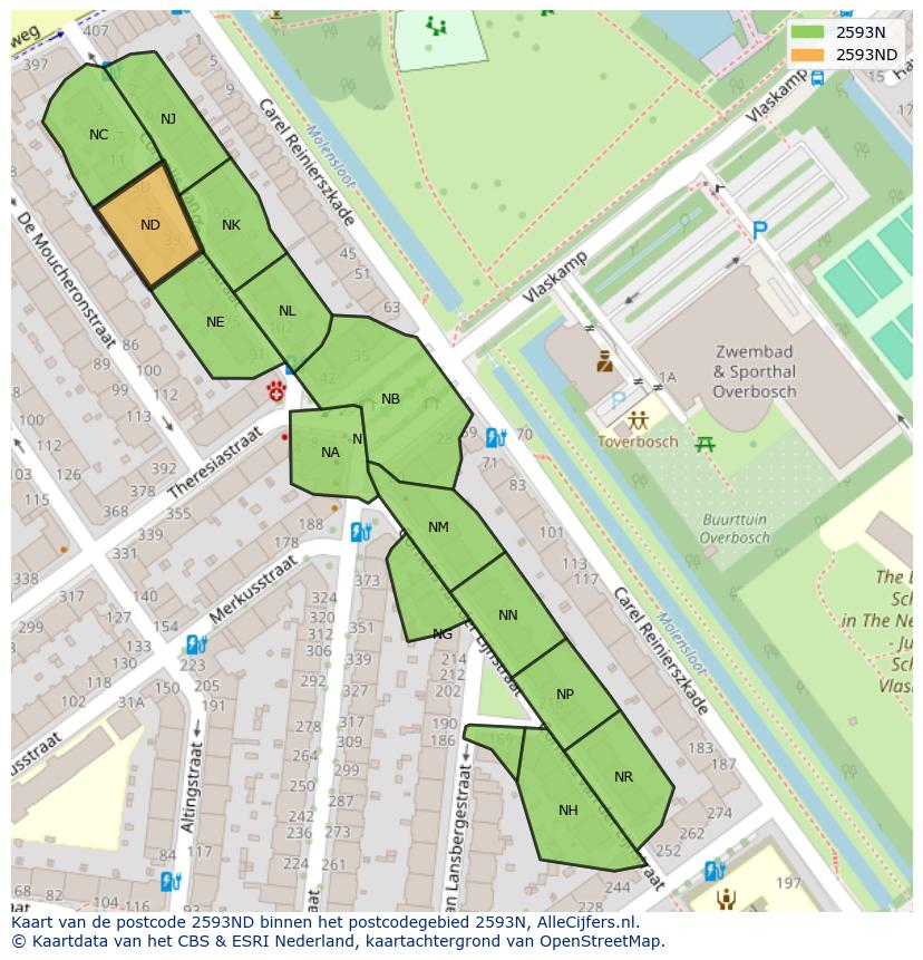 Afbeelding van het postcodegebied 2593 ND op de kaart.