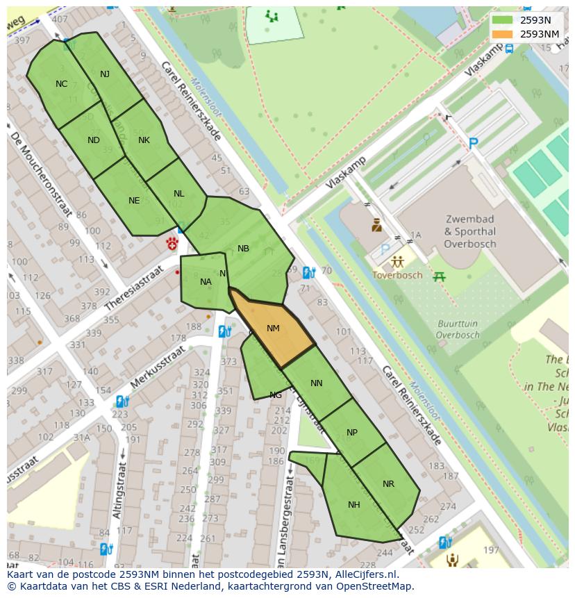 Afbeelding van het postcodegebied 2593 NM op de kaart.