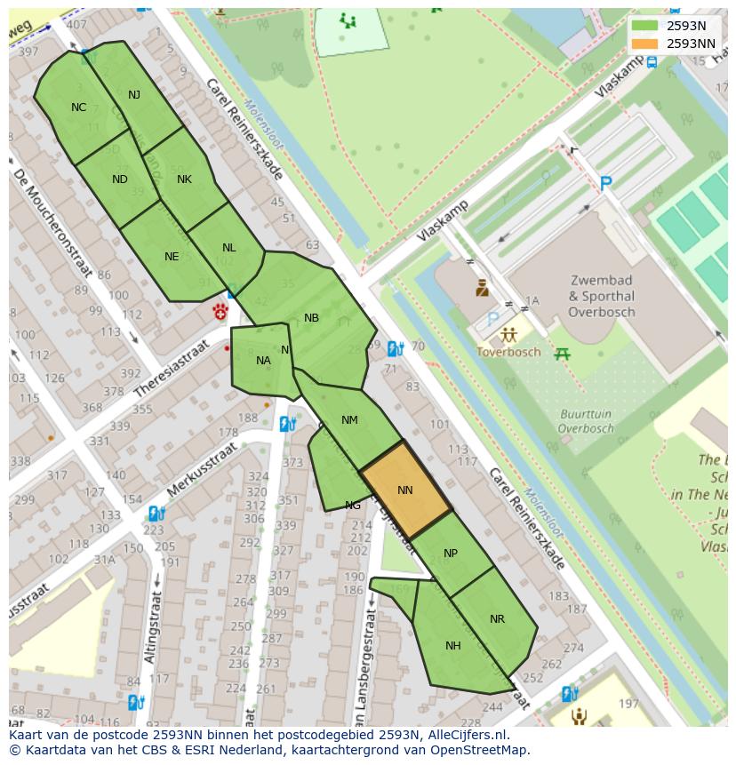 Afbeelding van het postcodegebied 2593 NN op de kaart.
