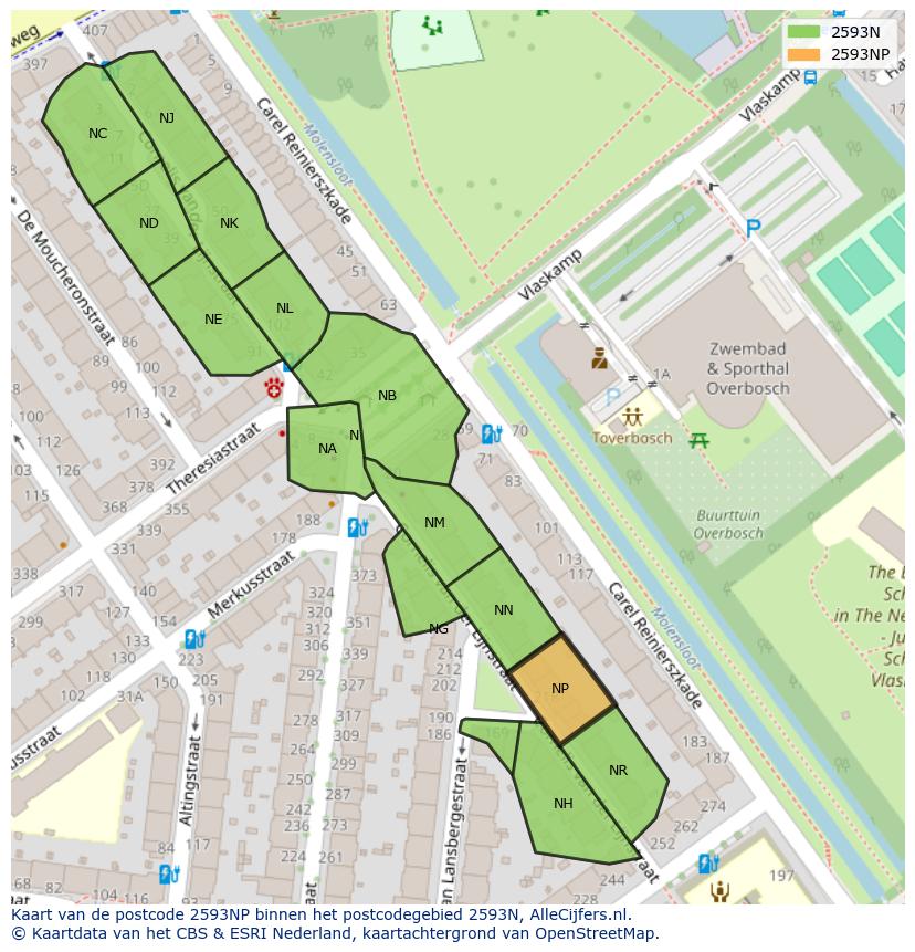 Afbeelding van het postcodegebied 2593 NP op de kaart.