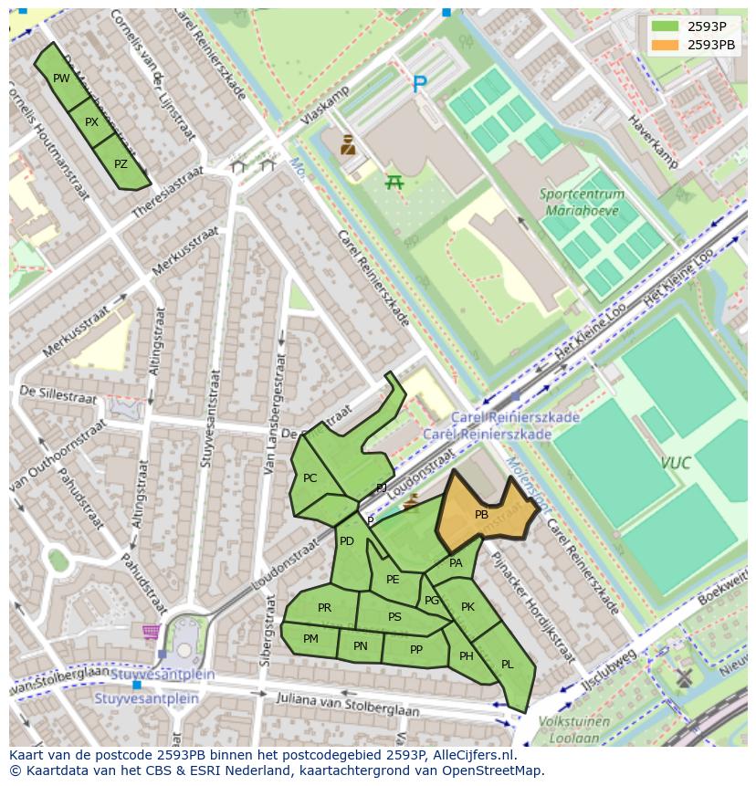 Afbeelding van het postcodegebied 2593 PB op de kaart.