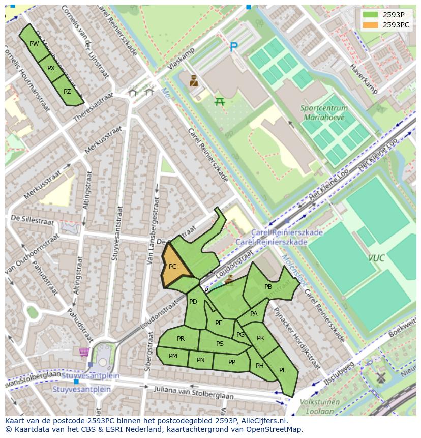Afbeelding van het postcodegebied 2593 PC op de kaart.