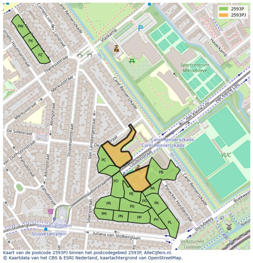 Afbeelding van het postcodegebied 2593 PJ op de kaart.