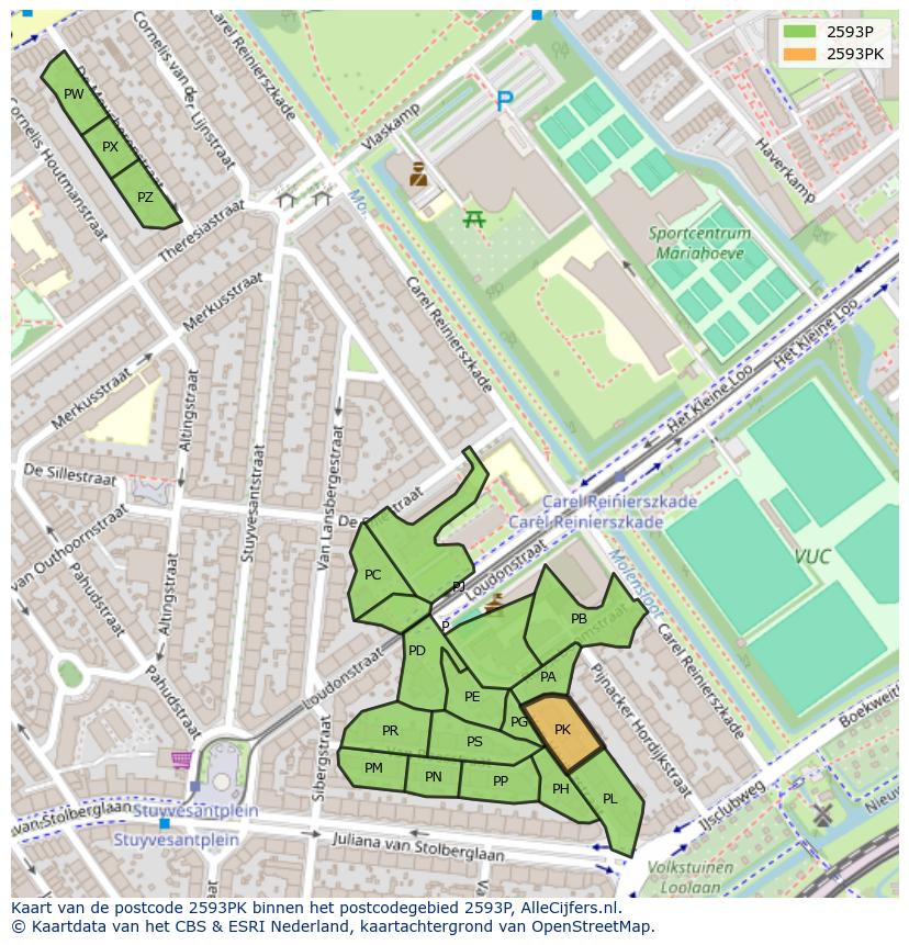Afbeelding van het postcodegebied 2593 PK op de kaart.