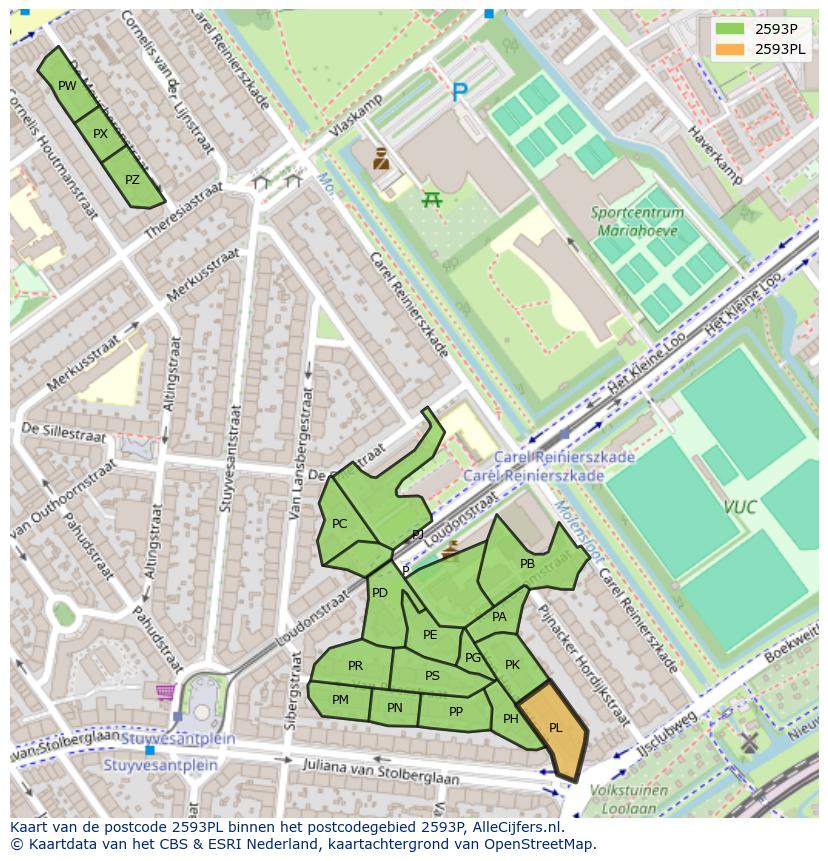Afbeelding van het postcodegebied 2593 PL op de kaart.