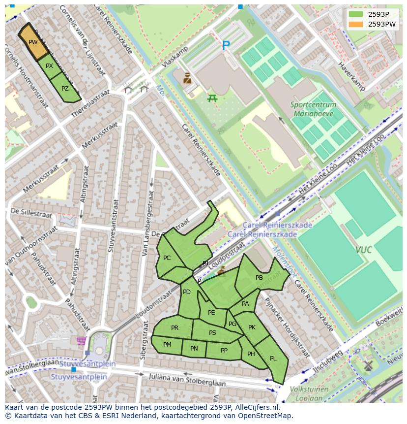 Afbeelding van het postcodegebied 2593 PW op de kaart.