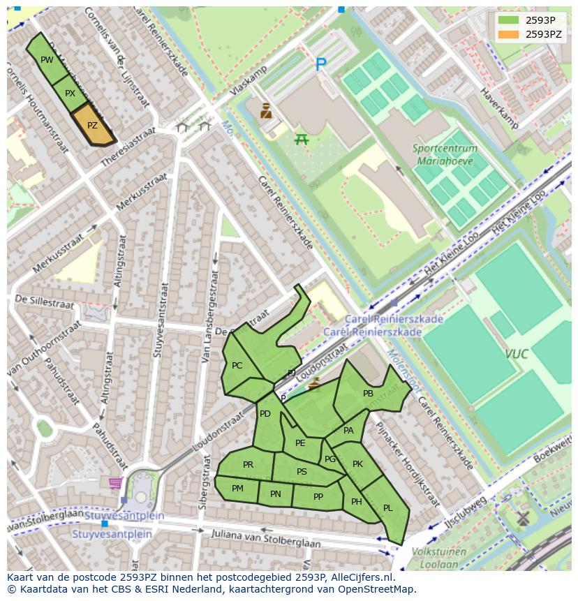 Afbeelding van het postcodegebied 2593 PZ op de kaart.