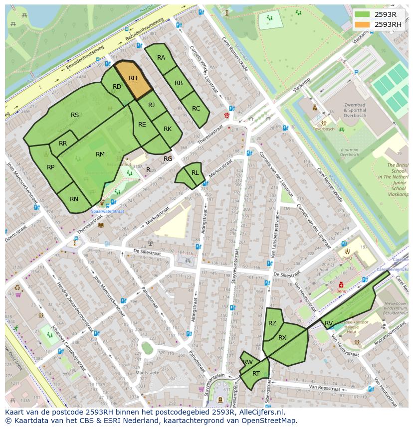 Afbeelding van het postcodegebied 2593 RH op de kaart.