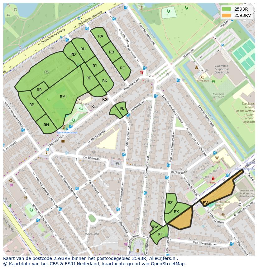 Afbeelding van het postcodegebied 2593 RV op de kaart.
