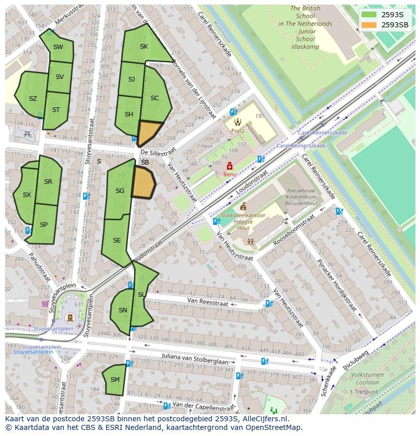 Afbeelding van het postcodegebied 2593 SB op de kaart.
