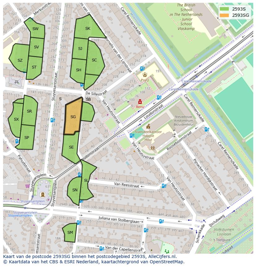 Afbeelding van het postcodegebied 2593 SG op de kaart.