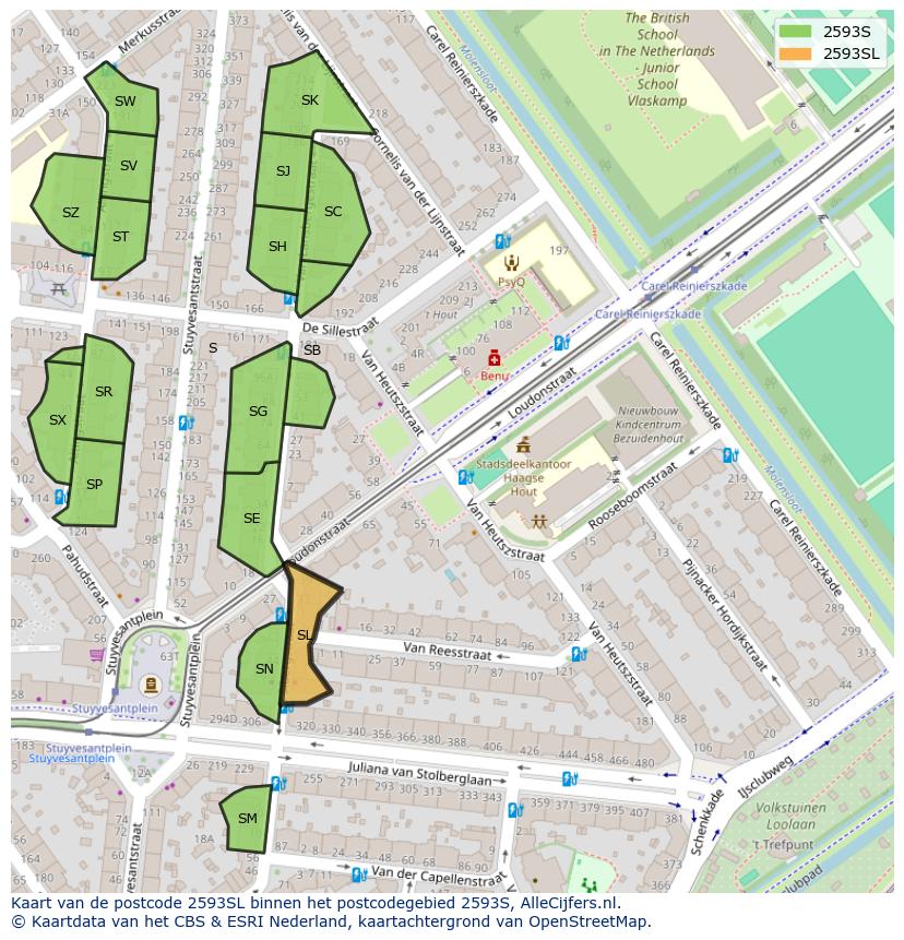 Afbeelding van het postcodegebied 2593 SL op de kaart.