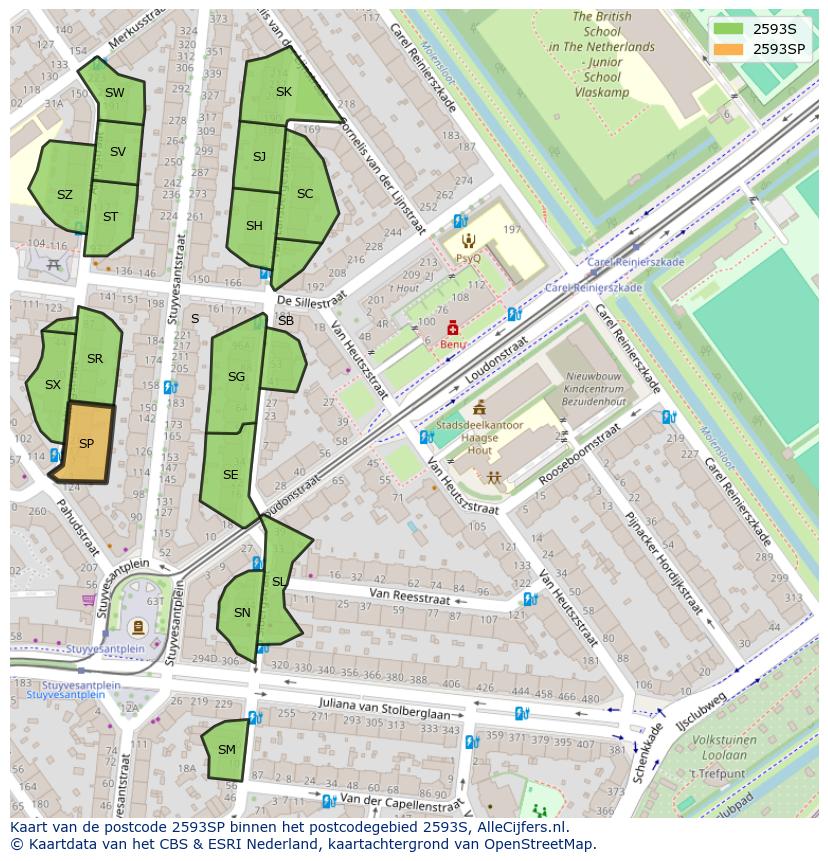 Afbeelding van het postcodegebied 2593 SP op de kaart.
