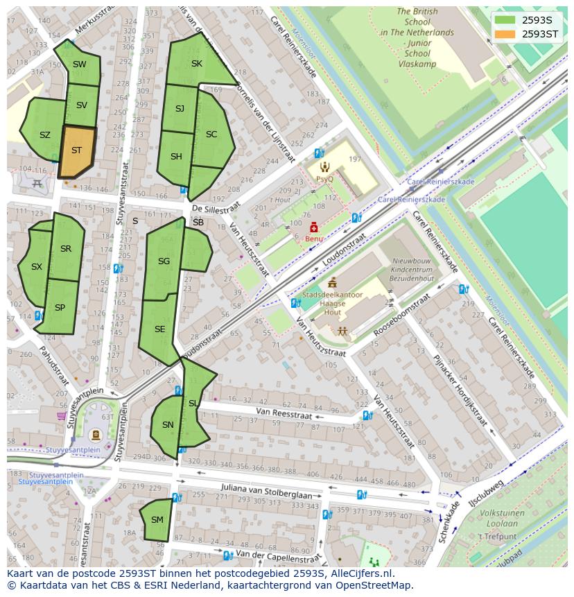 Afbeelding van het postcodegebied 2593 ST op de kaart.