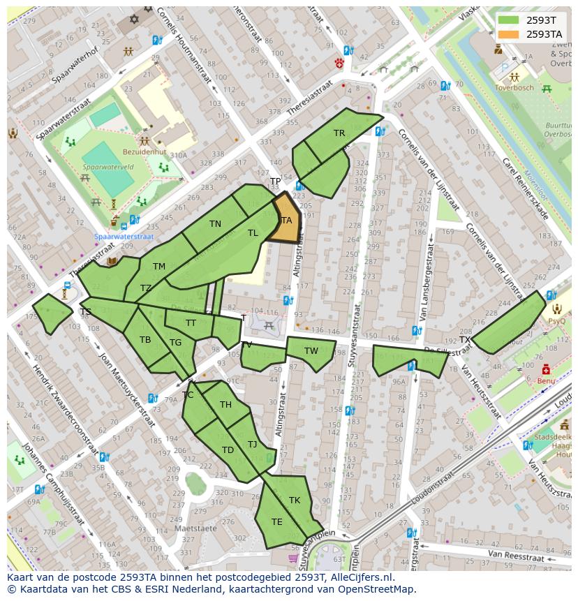 Afbeelding van het postcodegebied 2593 TA op de kaart.