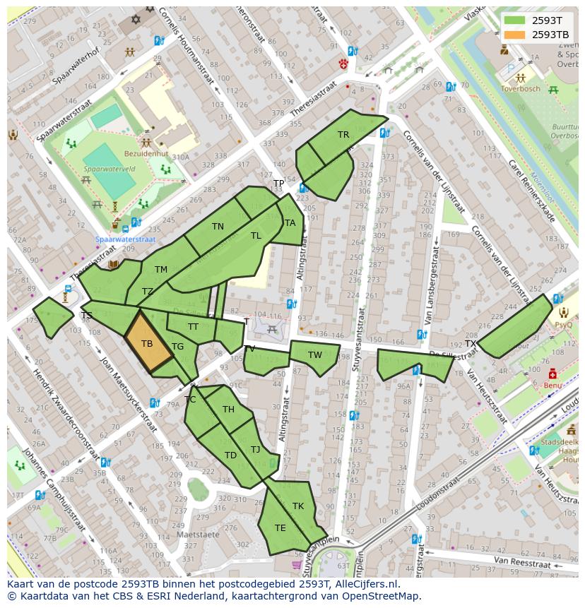 Afbeelding van het postcodegebied 2593 TB op de kaart.