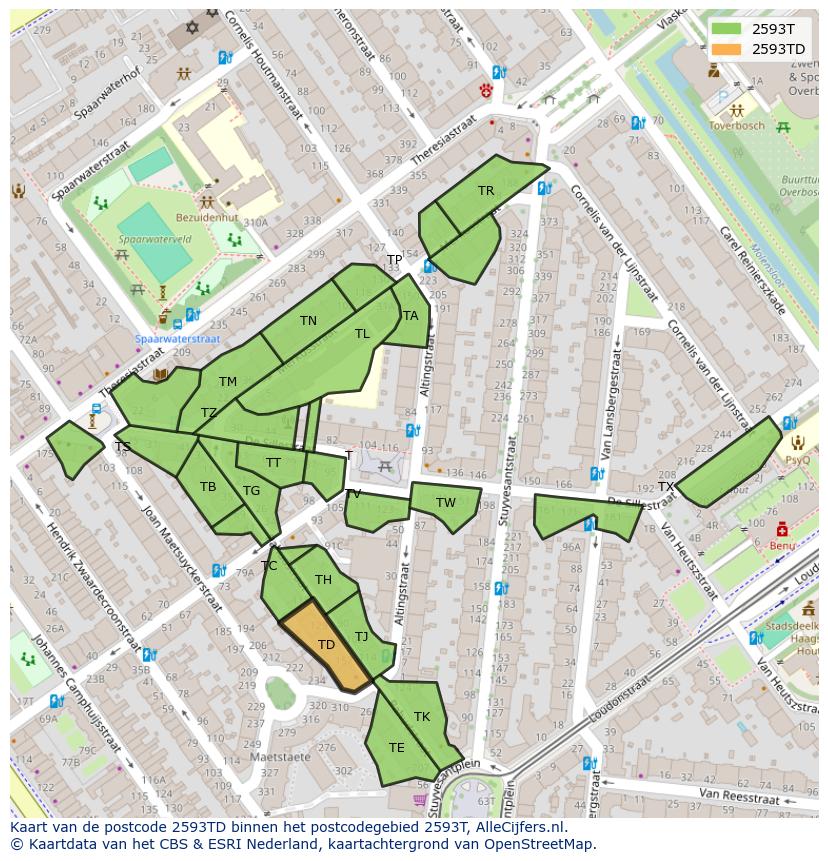 Afbeelding van het postcodegebied 2593 TD op de kaart.