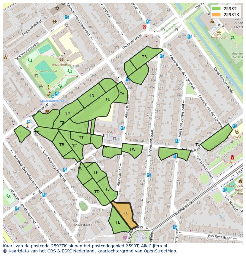 Afbeelding van het postcodegebied 2593 TK op de kaart.