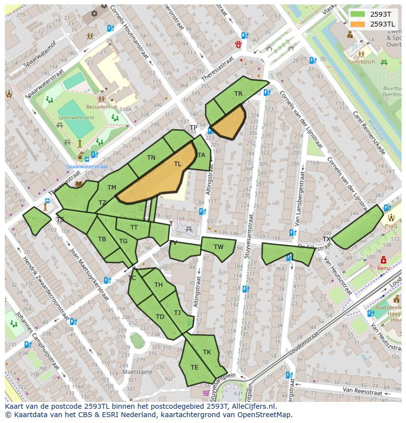 Afbeelding van het postcodegebied 2593 TL op de kaart.
