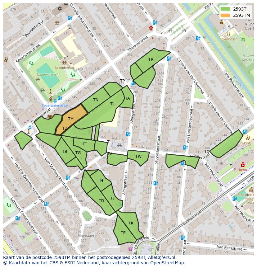 Afbeelding van het postcodegebied 2593 TM op de kaart.