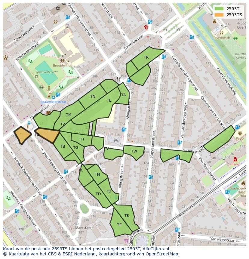 Afbeelding van het postcodegebied 2593 TS op de kaart.