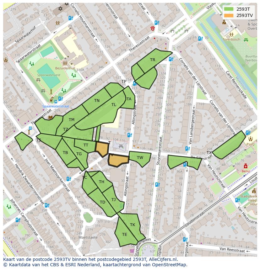 Afbeelding van het postcodegebied 2593 TV op de kaart.